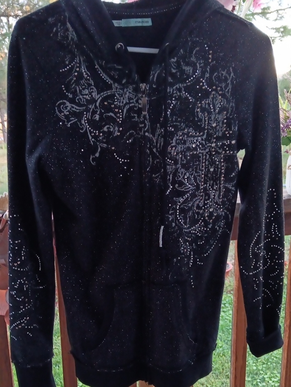 Black Embellished Zip-Up Hoodie with Hood